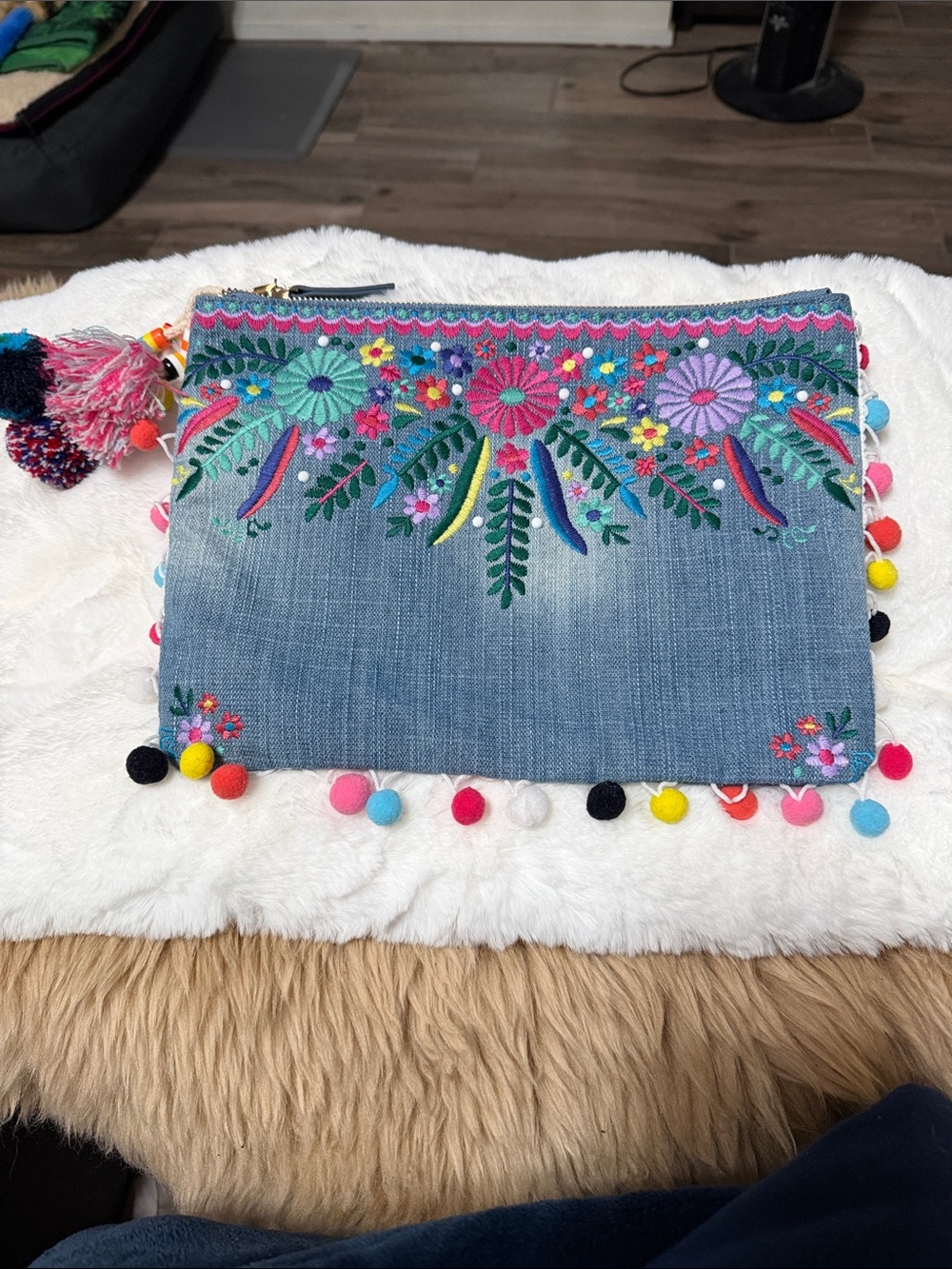 Steve Madden Steven Denim Jean Clutch Embroidered Floral Embellished Handbag New